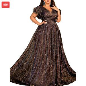 Plus Size Formal A-Line Dress Deep V-Neck Long Prom Evening Gown